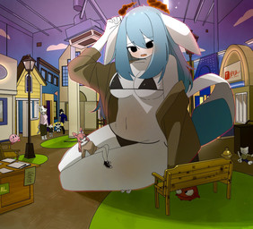 anthro bench bikini black_eyes blue_body blue_fur blue_hair clothed clothing crush dynamax female footwear fur group growth hair holding_head inside jacket liminal_spaces macro on_lap open_mouth panty_snap pink_hair pokemorph running shoes sitting sitting_on_another sitting_on_lap solo_focus stage_props street_lamp swimwear topwear two-piece_swimsuit wardrobe_malfunction white_body white_fur doremifaso64 mikeyama 4chan cartoon_network jamiroquai kirby_(series) nintendo pokemon powerpuff_girls r.e.p.o. bubbles_(powerpuff_girls) kirby moot semibot_(r.e.p.o.) domestic_cat dynamax_pokemon eeveelution felid feline felis generation_4_pokemon generation_6_pokemon glaceon human mammal pokemon_(species) sylveon hi_res