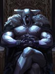 1_eye armor chair cloak clothing furniture headgear helmet looking_at_viewer male muscular muscular_male nipples not_furry pecs sitting solo throne kartinos risk_of_rain mithrix humanoid digital_drawing_(artwork) digital_media_(artwork) hi_res