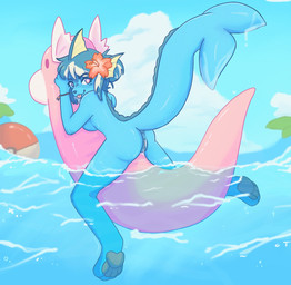 accessory anthro anus big_tail blep blue_body blue_sky blue_tail bodily_fluids bracelet bracelet_only breast_squish breasts cloud female fin fish_tail flower flower_in_hair genital_fluids genitals hair hair_accessory head_fin jewelry leaf liquid looking_at_viewer looking_back nude nude_anthro nude_female outdoor_background outdoor_nudity outside palm_tree partially_submerged pawpads paws pink_eyes plant pokeball pool_float sky snout solo squish tail tongue tongue_out tree vaginal_fluids vulva water wet_tail peachyskitty nintendo pokemon dratini eeveelution generation_1_pokemon pokemon_(species) shiny_pokemon vaporeon 2025 colored digital_drawing_(artwork) digital_media_(artwork) hi_res