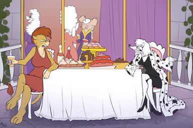 angry anthro beverage biped black_clothing black_dress black_footwear black_high_heels black_nose breasts brown_body brown_fur cake chair cigarette cigarette_holder clenched_teeth clothed clothing coat countershade_face countershade_fur countershade_torso countershading cupcake dessert digitigrade dress duo_focus eye_contact eyebrows female fluffy fluffy_hair food footwear fur furniture group hair high_heels holding_beverage holding_cigarette holding_object leg_over_thigh long_hair looking_at_another medium_breasts mohawk on_chair red_clothing red_dress red_hair shoes short_hair sitting sitting_on_chair small_breasts smoke tan_body tan_countershading tan_fur teeth topwear white_body white_fur white_hair fuf canid canine canis dalmatian domestic_dog felid lion mammal pantherine poodle 2018 3:2