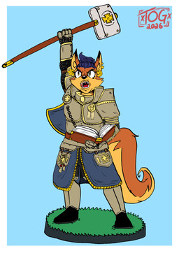 anthro armor blue_hair book female fur hair orange_body orange_fur solo warhammer_(weapon) warrior_priest xxtheoneguyxx sly_cooper_(series) sony_corporation sony_interactive_entertainment sucker_punch_productions warhammer_(franchise) carmelita_fox canid canine fox mammal absurd_res digital_drawing_(artwork) digital_media_(artwork) hi_res