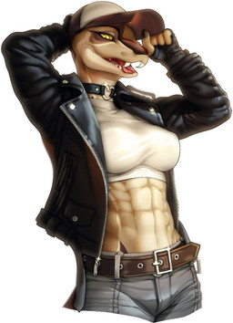 abs anthro athletic athletic_female baseball_cap belt black_choker black_clothing black_gloves black_handwear black_jacket black_jewelry black_necklace black_topwear breasts brown_belt brown_body brown_scales choker clothed clothed_anthro clothed_female clothing fangs female fingerless_gloves fingers gloves handwear hat headgear headwear jacket jewelry leather leather_clothing leather_jacket leather_topwear looking_at_viewer medium_breasts muscular muscular_anthro muscular_female necklace non-mammal_breasts open_clothing open_jacket open_mouth open_topwear pecs pecs_focus pupils scales simple_background slit_pupils solo teeth tomboy topwear wearing_hat white_background yellow_eyes yellow_sclera zipper disagree_(artist) reptile scalie snake 2022 hi_res