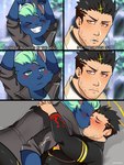 anthro blush clothing duo human_on_anthro humor interspecies jacket kissing male male/male text topwear lisuchi lifewonders party_rockers tokyo_afterschool_summoners nyarlathotep_(tas) zabaniyya_(tas) angel human hyena mammal comic english_text hi_res meme