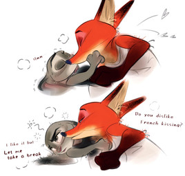 anthro anthro_on_anthro blush bodily_fluids brown_body brown_fur clothed clothing duo eyes_closed female fur grey_body grey_fur heart_symbol interspecies kissing long_ears lying male male/female motion_lines narrowed_eyes on_back open_mouth orange_body orange_fur shirt simple_background sweat sweatdrop tan_body tan_fur tank_top text topwear white_background nibkman0304 disney zootopia judy_hopps nick_wilde canid canine european_rabbit fox lagomorph leporid mammal oryctolagus rabbit red_fox true_fox english_text hi_res