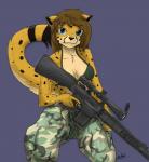 anthro ar-10 ar_platform army biped black_body black_fur blue_eyes bra breasts brown_hair camo camo_print clothed clothing female front_view fur gun hair holding_gun holding_object holding_ranged_weapon holding_weapon looking_at_viewer markings military purple_background ranged_weapon rifle simple_background sitting sniper solo spots spotted_body spotted_fur stoner_rifle underwear weapon yellow_body yellow_fur sa-chat sachat cheetah felid feline mammal 2019 digital_media_(artwork) hi_res portrait signature three-quarter_portrait