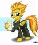 badge blonde_hair brown_eyes cider clothing container coveralls cup feathered_wings feathers female foam hair holding_container holding_cup holding_object looking_at_viewer multicolored_hair orange_hair quadruped smile solo stein two_tone_hair wings yellow_body yellow_feathers mattings friendship_is_magic hasbro my_little_pony mythology spitfire_(mlp) wonderbolts_(mlp) equid equine mammal mythological_creature mythological_equine pegasus 2013 absurd_res hi_res