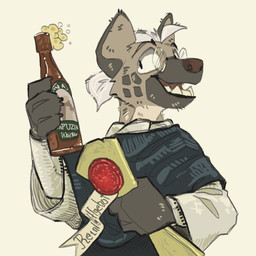 alcohol alcohol_bottle anthro beer beer_bottle beer_foam beverage bottle container ears_up eyewear glasses hair happy holding_alcohol holding_alcohol_bottle holding_beer holding_beer_bottle holding_bottle holding_container holding_object male open_mouth round_glasses smile solo teeth teeth_showing text wearing_glasses white_hair mawkvlt kolya_yeen_(mawkvlt) hyena mammal hi_res