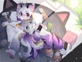 anthro blue_eyes clothing countershading duo fangs fur grey_body grey_fur hair hand_pawpads high-angle_view holding_nintendo_switch horn kemono leaning_on_another lying male on_back on_ground onesie open_mouth open_smile pawpads purple_body purple_fur red_eyes smile starry_eyes teeth touching_head white_hair young young_anthro young_male emolga_1 mammal 2023 absurd_res chinese_description hi_res watermark