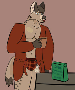 abs anthro barazoku bathrobe beverage bodily_fluids brown_body brown_fur brown_hair clothing container cup erection_under_jockstrap excessive_genital_fluids excessive_precum fur genital_fluids hair jockstrap male muscular pecs precum precum_through_clothing precum_through_jockstrap robe solo tired tired_eyes tongue tongue_out underwear wet wet_clothing akadthefox hyena mammal spotted_hyena hi_res
