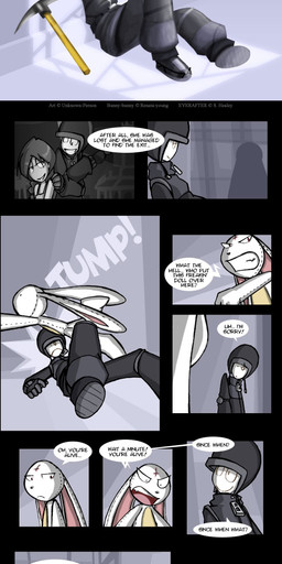 against_surface against_wall ambiguous_gender anthro belt black_belt black_bottomwear black_clothing black_footwear black_gloves black_handwear black_hat black_headwear black_jacket black_pants black_shoes black_topwear bottomwear clenched_teeth clothed clothing cross dialogue drawn_on_face fangs featureless_arms featureless_feet featureless_hands featureless_limbs feet female footwear fully_clothed gloves glowing glowing_eyes group hands_on_knee hands_on_leg handwear hat headgear headwear horn inside inverted_cross jacket knee_up long_ears male memory on_ground onomatopoeia open_mouth open_smile pants pickaxe pink_inner_ear red_body red_eyes running seam_(sewing) sitting smile sound_effects talking_to_another teeth text topwear tripping white_body window_light zipper unknown_person castle_of_nations endzone everafter bunny_bunny_(renata-young) clarice_(unknown-person) climber_(unknown_person) animate_inanimate demon humanoid lagomorph leporid living_mannequin mammal rabbit 2007 absurd_res comic english_text hi_res long_image tall_image