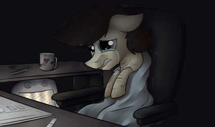 bodily_fluids body_writing chair container crying cup dark depressing depression feral furniture heart_symbol keyboard male markings pen sad shaking solo table tears marsminer hasbro my_little_pony fan_character pone_keith earth_pony equid equine horse mammal pony digital_media_(artwork) hi_res