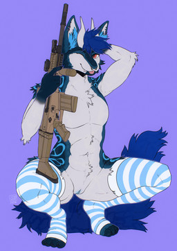 andromorph anthro blue_body blue_fur blue_hair blue_inner_ear_fluff blue_markings blue_tail blue_vulva clothing crouching ear_piercing facial_piercing fangs fur genitals gun hair hand_behind_head holding_gun holding_object holding_ranged_weapon holding_weapon horn inner_ear_fluff intersex legwear looking_at_viewer markings nose_piercing one_eye_closed piercing pink_eyes pink_tongue ranged_weapon septum_piercing simple_background solo tail teeth thigh_highs tongue tongue_out tuft vulva weapon white_body white_fur wink winking_at_viewer jeanwoof mythology monarch_(tab) canid canine canis dragon hybrid mammal mythological_creature mythological_scalie scalie wolf hi_res