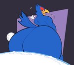 2022 anthro arwing avian back_facing_viewer beak bedroom_eyes big_butt bird blue_body boot_(artist) butt curvy_figure digital_media_(artwork) falco_lombardi feathers hi_res macro male narrowed_eyes nintendo nude planet rear_view seductive simple_background solo star_fox tail tail_feathers thick_thighs wide_hips