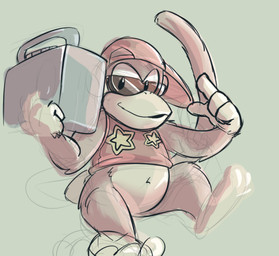 anthro barefoot baseball_cap biped boombox bottomless brown_body brown_fur clothed clothing eyewear featureless_crotch feet fur hat headgear headwear holding_object looking_at_viewer male navel on_one_leg sideways_baseball_cap simple_background smile solo standing sunglasses toes dandi donkey_kong_(series) nintendo diddy_kong haplorhine mammal monkey primate 2016 colored_sketch sketch