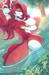 anthro big_breasts breasts butt female looking_at_viewer looking_back looking_back_at_viewer nipples nude partially_submerged solo water wide_hips rainbowscreen scarlet_(rainbowscreen) amur_carp carp cyprinid cypriniform fish koi marine typical_carp 2023 absurd_res hi_res