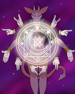 anthro bracelet cloak clothing dipstick_tail eyes_closed hand_signs horn jewelry magic magic_user male markings multicolored_body occult_symbol pink_body pink_legs pink_tail sigil solo space symbol tail tail_markings white_hands white_horn white_legs white_tail_tip 60percentscalie evelan_(60percentscalie) demon 4:5 comic hi_res