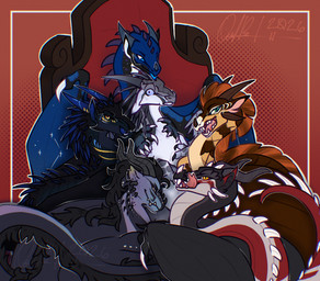 blue_eyes blue_horn chair claws female feral fur furniture green_eyes group harem horn licking licking_lips male male/female orange_eyes scales size_difference tail throne tongue tongue_out white_body white_scales wings quil_ink mythology wings_of_fire cerberus_(westdragon03) fey_(zavan) mink_(ravenlua) muscadine selene_(elena) dragon icewing_(wof) mythological_creature mythological_scalie sandwing_(wof) scalie skywing_(wof) hi_res