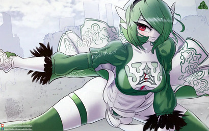 absolute_territory barely_visible_underwear breasts city city_background cleavage cleavage_cutout clothed clothing cutout eyebrows female female_humanoid fighting_pose footwear green_clothing green_hair hair high_heels logo medium_breasts panties panty_peek panty_shot partially_visible_underwear pose shoes solo spread_legs spreading text thick_thighs underwear terithes nier_automata nintendo patreon platinumgames pokemon subscribestar yorha_2b gardevoir generation_3_pokemon humanoid pokemon_(species) 2026 artist_logo artist_name digital_media_(artwork)