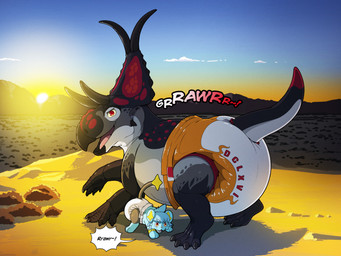 claws clean_diaper cliff clothed clothing detailed_background dialogue diaper duo feral looking_at_viewer male one_foot_up open_mouth outside roman_numeral sky sound_effects speech_bubble tail text wearing_diaper lanbabbu nintendo pokemon mei_(lanbabbu) centrosaurine ceratopsian ceratopsid diabloceratops dinosaur generation_4_pokemon marginocephalian ornithischian pokemon_(species) prehistoric_species reptile scalie shinx 4:3 digital_media_(artwork) hi_res