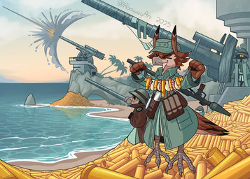 anthro artillery beach clothing duo eyes_closed gas_mask mask open_mouth open_smile ranged_weapon rocket_launcher shell_(projectile) smile uniform water weapon roawayart avian hi_res