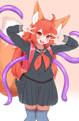 ahoge asian_clothing backpack blush bottomwear brown_body brown_fur clothing cute_fangs dipstick_tail double_v_sign east_asian_clothing fangs female female_humanoid fur gesture hair hand_gesture happy inner_ear_fluff japanese_clothing japanese_school_uniform legwear long_hair markings multicolored_tail open_mouth open_smile red_eyes red_hair school_uniform skirt smile solo tail tail_markings teeth tentacles thigh_highs tongue tuft uniform v_sign white_body white_fur horokusa0519 animal_humanoid canid canid_humanoid canine canine_humanoid fox_humanoid humanoid mammal mammal_humanoid 2022 digital_media_(artwork) hi_res portrait three-quarter_portrait