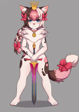 accessory ambiguous_gender anthro bell bell_collar blue_eyes blush bow_ribbon brown_body brown_fur brown_hair collar crown fur furgonomics hair hair_accessory hair_bow hair_ribbon headgear holding_melee_weapon holding_object holding_sword holding_weapon looking_at_viewer melee_weapon multicolored_hair nude pink_body pink_fur pink_hair ribbons simple_background solo standing sword tail tail_accessory tail_bow tail_ribbon weapon white_body white_fur white_hair kironzen felid feline mammal 2023 hi_res