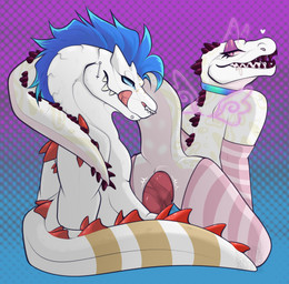 anthro athletic blue_body blue_fur bodily_fluids clothing duo femboy feminine from_behind_position fur hair legwear male male/male open_mouth pink_body saliva sex spikes thigh_highs tongue dogbytestudios alligator alligatorid caiman crocodilian reptile scalie absurd_res colorful_theme hi_res nonbinary_(lore)