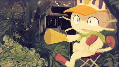 anthro camera clothing crossed_legs director's_chair fern forest grass hat headgear headwear male megaphone plant solo tree masshiro nintendo pokemon domestic_cat felid feline felis generation_1_pokemon mammal meowth pokemon_(species) 2017