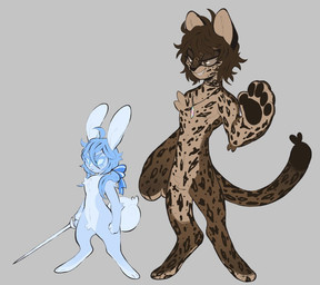 alternate_species ambiguous_gender anthro blue_body blue_eyes blue_fur blue_hair brown_body brown_fur brown_hair countershade_arms countershade_face countershade_feet countershade_fur countershade_legs countershade_torso countershading crotch_tuft duo feet fur furrification hair handpaw hindpaw holding_melee_weapon holding_object holding_sword holding_weapon jewelry lidded_eyes markings melee_weapon necklace necklace_only nude pawpads paws scut_tail short_tail size_difference smile spots spotted_body spotted_fur spotted_markings spotted_tail sword tail tail_markings toony tuft weapon lemon_pawz nu:_carnival edmond_(nu:_carnival) eiden_(nu:_carnival) felid lagomorph leopard leporid mammal pantherine rabbit