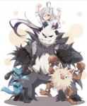 abstract_background ambiguous_gender anthro asashimo_(kancolle) bear black_eyes black_nose canid canine clenched_teeth clothed clothing crossover female feral fist fully_clothed fur generation_1_pokemon generation_4_pokemon generation_6_pokemon green_eyes grey_body grey_fur group hair hair_over_eye hands_above_head jiino_(artist) kantai_collection long_hair mammal multicolored_body multicolored_fur nintendo one_eye_obstructed pangoro pink_nose pokemon pokemon_(species) primeape raised_leg red_eyes riolu semi-anthro silver_hair simple_background tan_body tan_fur teeth two_tone_body two_tone_fur white_background white_body white_fur