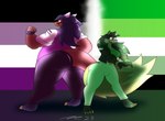 anthro aromantic_pride_colors asexual_pride_colors big_tail bottomwear breasts clothed clothing duo female fluffy fluffy_tail front_view hair horn lgbt_pride long_tail male pants patch_(fabric) pride_color_background pride_color_patch pride_colors rear_view simple_background tail mac-daddy mythology cam_(mac-daddy) macintosh_charlemagne canid canine dragon fox mammal mythological_creature mythological_scalie scalie hi_res