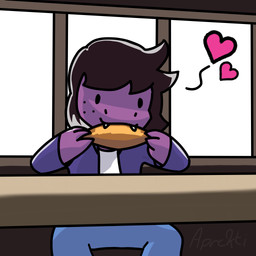 anthro blue_bottomwear blue_clothing blue_jeans blue_pants bottomwear bread brown_hair clothed clothing croissant denim denim_bottomwear denim_clothing eating female food furniture hair happy heart_symbol jacket jeans messy_hair pants pastry purple_body purple_clothing purple_jacket purple_scales purple_topwear scales sitting snack snout solo table teeth topwear window queen_susie deltarune undertale_(series) susie_(deltarune) lizard reptile scalie 1:1 absurd_res hi_res