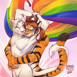 anthro duo entwined_tails fur green_eyes hair horn hug lgbt_pride male male/male markings nude pride_color_flag pride_colors romantic striped_body striped_fur striped_markings striped_tail stripes tail tail_coil tail_markings white_body white_fur white_hair guarezwolf lgbt_pride_month rwanda_star felid feline lion mammal pantherine tiger hi_res
