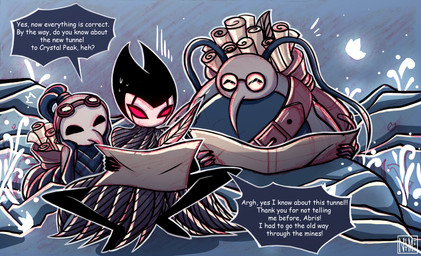 ambiguous_gender antennae_(anatomy) biped black_body bodily_fluids clothed clothing dialogue exclamation_point eyewear fingers glasses group holding_map male map question_mark red_eyes sitting speech_bubble sweat sweatdrop talking_to_another text trio white_text netmors hollow_knight_(franchise) team_cherry cornifer_(hollow_knight) grimmchild_(hollow_knight) arthropod english_text hi_res