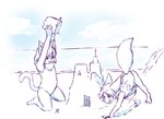 anthro beach biped clothed clothing digging duo female hair sand_castle sculpture swimwear tail tongue tongue_out young young_anthro young_female aogami canid canine domestic_cat felid feline felis fennec_fox fox mammal true_fox absurd_res hi_res monochrome