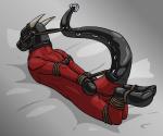 anthro bdsm bed bondage bound fully_bound furniture gimp_suit horn latex male nude red_body red_skin solo submissive submissive_male tail tail_tied endium mythology hueroc dragon mythological_creature mythological_scalie scalie 2014 shaded