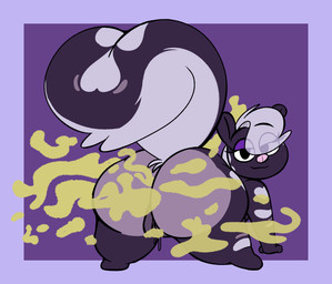 all_fours bedroom_eyes big_butt big_tail butt fart female female_farting feral fur genitals grey_body grey_fur hair heart_(marking) huge_butt huge_tail looking_back markings narrowed_eyes pink_nose presenting presenting_hindquarters quadruped rear_view seductive simple_background smelly smile solo spots stink_fumes tail thick_thighs vulva white_hair wide_hips skunkphunk melody_(kazukio) mammal mephitid skunk spotted_skunk striped_skunk absurd_res hi_res