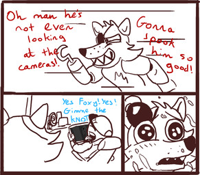 anthro big_eyes bodily_fluids clothing cum duo electronics eye_patch eyewear genital_fluids hat headgear headwear hook hook_hand humor looking_at_porn machine male masturbation pirate pornography shocked tablet tablet_computer text crisis-omega five_nights_at_freddy's scottgames foxy_(fnaf) mike_schmidt animatronic canid canine fox human mammal robot robot_anthro comic english_text hi_res