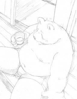 anthro belly clothing humanoid_hands kemono male moobs navel nipples overweight overweight_male sitting solo underwear meg_hoi bear mammal 2015 monochrome