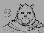 ambiguous_gender anthro armor clothing dark_sclera duo fangs fur hair male simple_background smile spiky_hair teeth dynogreeno wulfgard canid canine canis fairy mammal wolf hi_res monochrome