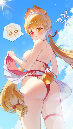 animal_ears bikini blonde_hair blush butt clothed clothed_female clothed_humanoid clothing cloud female hair heterochromia light_body light_skin looking_back rear_view scut_tail short_tail sky solo swimwear tail thigh_strap two-piece_swimsuit yamacho mihoyo zenless_zone_zero alice_thymefield animal_humanoid humanoid lagomorph lagomorph_humanoid leporid_humanoid mammal mammal_humanoid rabbit_humanoid thiren absurd_res half-length_portrait hi_res portrait