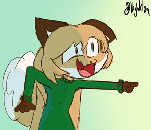 anthro brown_body brown_fur clothing dipstick_tail female female_anthro fur gesture gloves_(marking) green_clothing green_eyes hair hand_gesture markings pointing simple_background solo standing tail tail_markings white_body white_fur conditional_dnp highklan averi_(fiddleafox) canid canine fox mammal hi_res