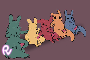 anthro balls black_eyes blue_body brown_background eyes_closed feral fluffy fur genitals green_body green_fur group male male/male penis red_body scar setting simple_background tail yellow_body passey_voppy rain_world videocult gourmand_(rain_world) hunter_(rain_world) inv_(rain_world) monk_(rain_world) saint_(rain_world) mammal slugcat 3:2