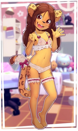 4_toes 5_fingers anthro brown_body brown_eyes brown_fur brown_hair camel_toe clothing feet female fingers fur hair humanoid_feet legwear lingerie long_hair looking_at_viewer navel open_mouth plantigrade solo toes yellow_body yellow_fur young young_anthro young_female sicmop eclair_(belleflower) felid leopard mammal pantherine 2021 digital_media_(artwork) hi_res