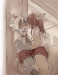 anthro blush bodily_fluids bottomwear brown_hair clothed clothing duo female female/female hair hand_holding kemono kissing open_mouth saliva saliva_string school_uniform skirt standing student tongue tongue_out uniform white_hair yellow_eyes young koishi_chikasa azuma_riko misuzu_(kemono_giga) canid canine canis domestic_dog mammal