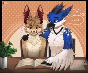 anthro beak blue_body blue_eyes blue_feathers blue_fur blush book chair cheek_tuft duo facial_tuft feathers fluffy fluffy_ears fur furniture green_eyes horn learning lesson love male male/male neck_tuft open_mouth plant reading reading_book romantic simple_background sitting smile study table tongue tuft white_body shtein mythology fenrick idem_(character) avian bird canid canine fennec_fox fox gryphon mammal mythological_avian mythological_creature true_fox hi_res