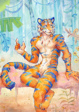 anthro blue_ears blue_stripes facial_markings featureless_crotch fur head_markings looking_aside male markings nude orange_body orange_eyes orange_fur outside plant sitting smile solo striped_arms striped_legs striped_markings striped_tail stripes tail tail_markings tree akatan_art felid mammal pantherine tiger 2023 dated hi_res signature traditional_media_(artwork)