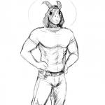 1:1 abs aged_up anthro black_and_white bovid caprine clothed clothing fully_clothed goat halo hands_on_hips hi_res hladilnik horn long_ears male mammal monochrome muscular muscular_anthro muscular_male smile solo tommy_(hladilnik) traditional_halo