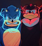 anthro black_body black_fur blue_body blue_fur chest_tuft duo electricity fur glaring glaring_at_viewer green_eyes male red_eyes split_screen tuft jasperthecrab sega sonic_the_hedgehog_(series) shadow_the_hedgehog sonic_the_hedgehog eulipotyphlan hedgehog mammal hi_res