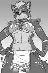 1_eye 2019 alternate_costume anthro armor breasts canid canine canis circlet clothed clothing clothing_swap collar cosplay crossgender digital_media_(artwork) ear_piercing ear_ring female heresy_(artist) hi_res jewelry krystal_(star_fox) looking_at_viewer low-angle_view mammal monochrome navel necklace nintendo piercing ring_piercing scar shoulder_pads skimpy solo star_fox tattoo tribal under_boob wolf wolf_o'donnell